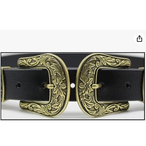Western Double Buckle Belt Black Leather Engraved Gold Hardware main image 6